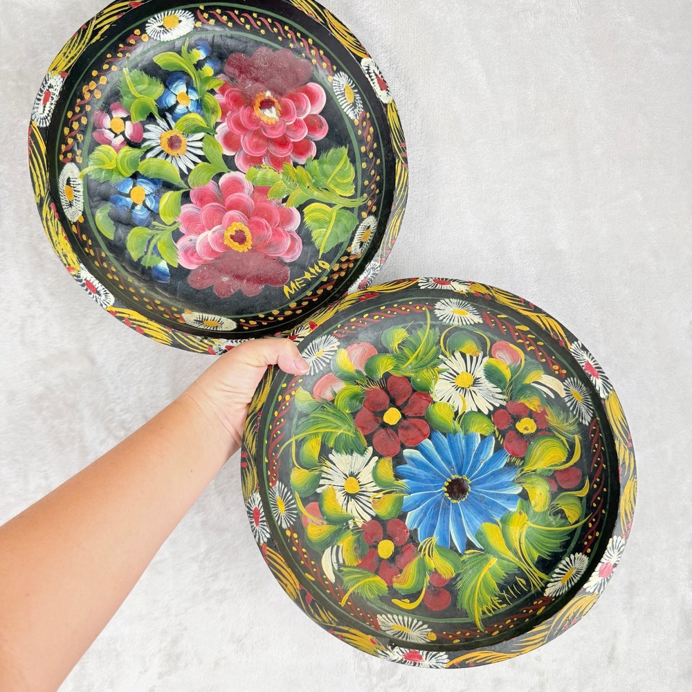 Vintage Mexican Hand Painted Floral Wood Bowls Set of 2 Folk Art 12 Inch